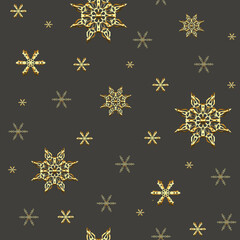 Seamless pattern on the theme of the new year and Christmas with snowflakes, balls, Christmas tree branches, Golden color