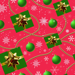 Seamless pattern on the theme of the new year and Christmas with snowflakes, balls, gift box