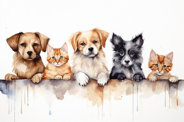 Generative AI :  Watercolor Row of cats and dogs hanging their paws over a white banner. 