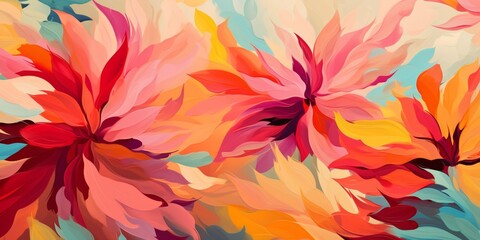 Fototapeta na wymiar Generative AI : Abstract Digital Oil Painting Geometric Flowers Leaves Brush Strokes Seamless Pattern Blurred Background