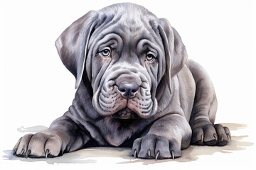 Generative AI : Neapolitan mastiff watercolor portrait painting illustrated dog puppy isolated on transparent white background - obrazy, fototapety, plakaty