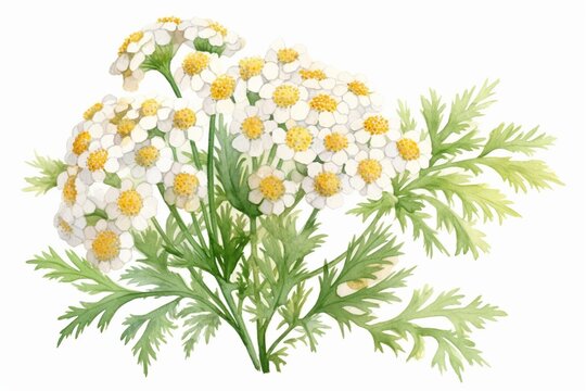 Generative AI : Yarrow medicinal herb watercolor botanical illustration. 