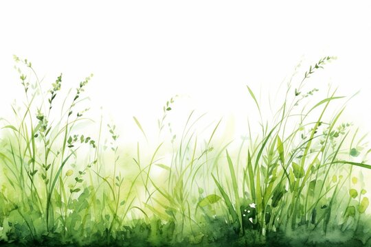 Generative AI : Green lush grass. Hand drawn watercolor illustration. 