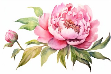 Generative AI : Watercolor pink peony. Hand drawn botanical illustration