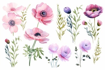 Generative AI : watercolor bouquets set with anemone, peonies flowers and herb  - obrazy, fototapety, plakaty