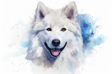 Generative AI : Samoyed watercolor portrait painting illustrated dog puppy isolated on white  - obrazy, fototapety, plakaty