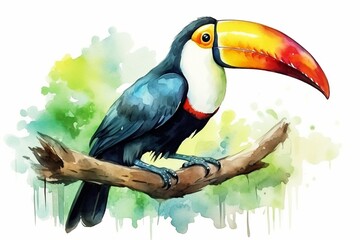 Generative AI : Watercolor toucan bird, isolated in white background