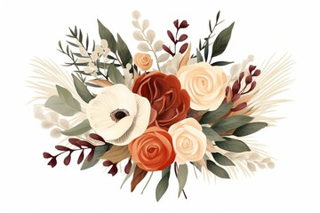 Generative AI : Rust orange, beige, white rose, burgundy anthurium flower, eucalyptus, pampas grass - obrazy, fototapety, plakaty