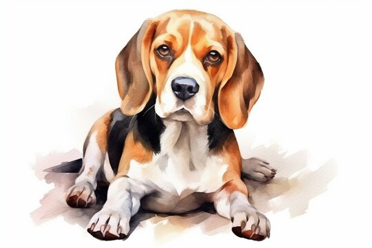 Generative AI : Watercolor Beagle sitting layer path, clipping path isolated on white background.