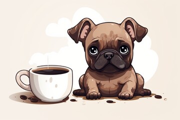 Generative AI : dog french bulldog pug illustration dog coffee cup cartoon - obrazy, fototapety, plakaty