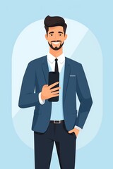 Generative AI : young worker or business man showing smartphone, man holding smartphone close up, flat design