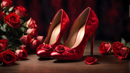 8K photography of A red color high heels shoes with red rose flower texture. Elegant women's high-heeled shoes. 