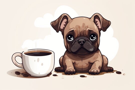 Generative AI : dog french bulldog pug illustration dog coffee cup cartoon