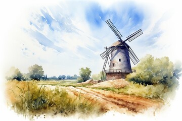 Generative AI : Windmill vintage watercolor hand drawn illustration making bread Rural