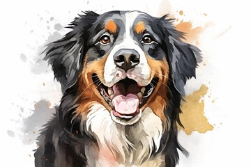 Generative AI : Bernese Mountain Dog watercolor portrait painting illustrated dog puppy isolated on white background - obrazy, fototapety, plakaty