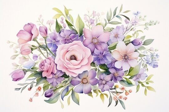 Generative AI : Bouquet of spring delicate watercolor flowers for wedding greeting card.