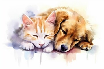 Naklejka na ściany i meble Generative AI : Cat and dog sleeping together. Kitten and puppy taking nap. 