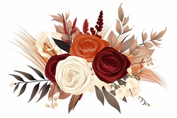 Generative AI : Rust orange, beige, white rose, burgundy anthurium flower, eucalyptus, pampas grass - obrazy, fototapety, plakaty