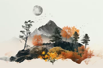 Fotobehang illustration AI de collage symbolique  de nature avec arbre roche sur fond blanc © nyothep