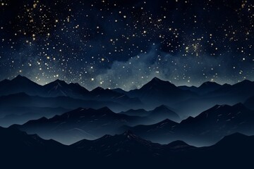 Generative AI : Abstract art landscape mountain starry night sky stars by golden line art texture - obrazy, fototapety, plakaty
