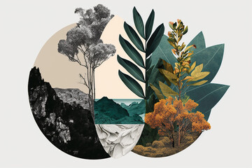 illustration AI de collage symbolique  de nature avec arbre roche sur fond blanc - obrazy, fototapety, plakaty