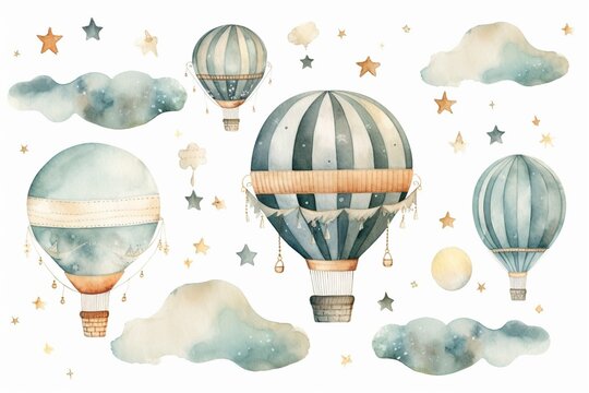 Generative AI : watercolor illustration - hot air balloons in the sky. Collection with retro airship.