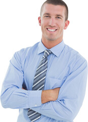 Digital png photo of happy caucasian businessman with folded arms on transparent background