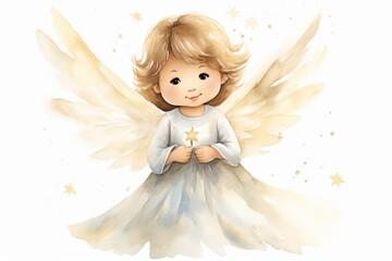 Generative AI : little angel with a star watercolor art isolated on white