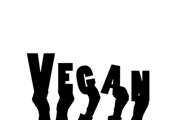 Digital png illustration of hands and vegan text on transparent background