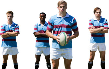 Digital png photo of serious rugby players with ball on transparent background