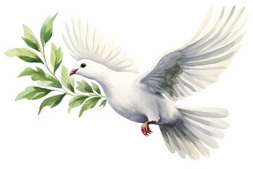 Fototapeta premium Generative AI : Flying white dove and olive branch watercolor illustration. 