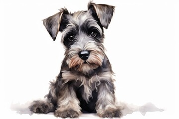 Generative AI : Miniture schnauzer watercolor portrait painting illustrated dog puppy isolated on white background - obrazy, fototapety, plakaty