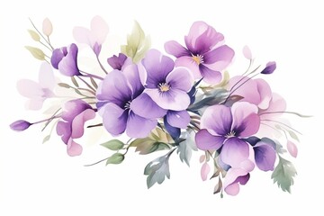 Generative AI : A beautiful bouquet with purple and lilac flowers. Watercolor illustration of delicate freesia flowers - obrazy, fototapety, plakaty