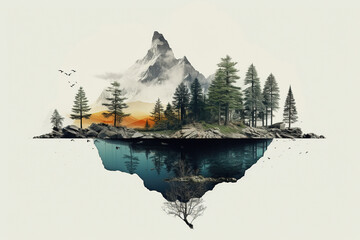 illustration AI de collage symbolique  de nature avec arbre roche sur fond blanc - obrazy, fototapety, plakaty