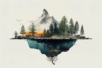 Foto op Canvas illustration AI de collage symbolique  de nature avec arbre roche sur fond blanc © nyothep