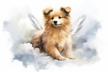 Generative AI : angel dog on cloud watercolor illustration