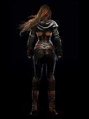 femme guerrière de fantasy médiévale  corps entier de dos sur fond noir, AI illustration