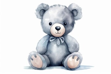 Generative AI : Teddy bear of gray-blue color sits cute soft children's toy Watercolor hand drawn illustration on a white background