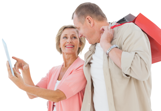 Digital png photo of happy caucasian senior couple using tablet on transparent background