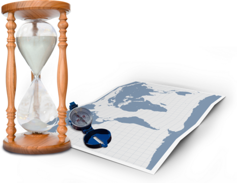 Digital png illustration of map, compass and hourglass on transparent background - Powered by Adobe