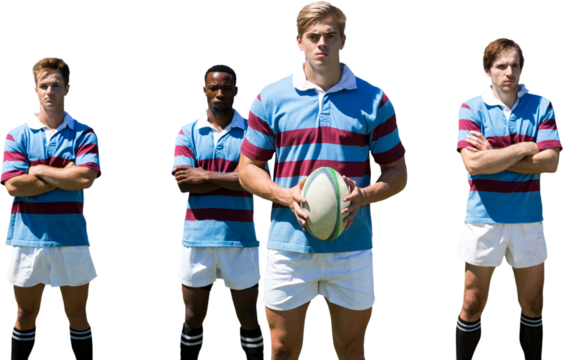 Digital png photo of serious rugby players with ball on transparent background - Powered by Adobe
