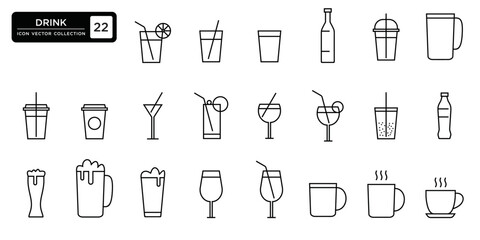 Collection of drinks, icons, glasses, cups, straws, beer, soda, wine, which can be easily edited and resized, modern vector graphic logo template.