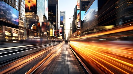 Fototapeta premium Rush Hour Pulse: Close-Up Blur of Bustling Downtown Traffic in Motion