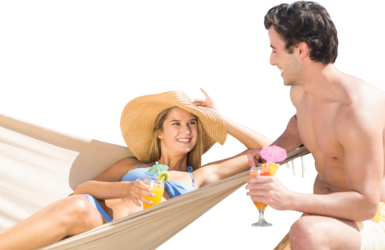 Digital png photo of happy caucasian couple in beachwear with drinks on transparent background