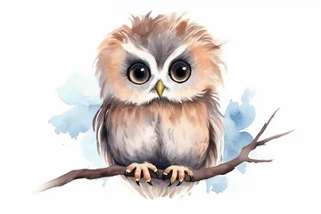 Papier Peint photo Dessins animés de hibou Generative AI : Owl bird watercolor isolated on white background. cute couple owl, cute couple, Owl,
