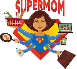 Digital png illustration of woman with six hands and supermom text on transparent background