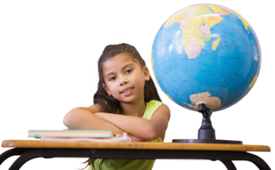 Digital png photo of biracial schoolgirl at desk with books and globe on transparent background