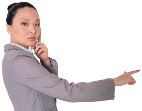 Digital png photo of asian businesswoman pointing on transparent background