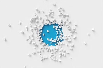 The wall breaks into a hole with a circular shape. Round frame made from pieces of a broken wall. 3d rendering illustration