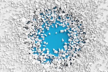 The wall breaks into a hole with a circular shape. Round frame made from pieces of a broken wall. 3d rendering illustration